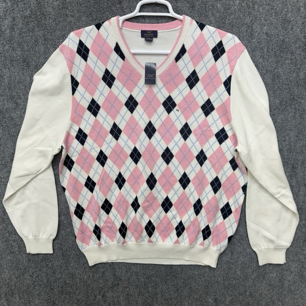 Brooks Brothers 346  Supima Cotton V Neck Sweater pink argyle‎ Men's XXL 2XL